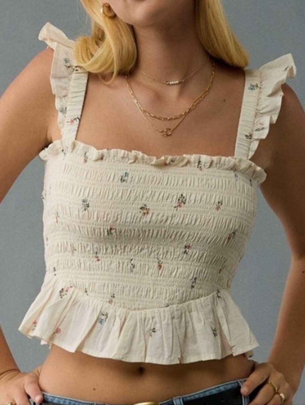 American Eagle Beige Floral Bella Smocked Crop Top